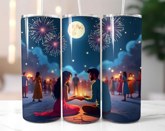 Festival Night Tumbler Wrap PNG – Romantic Couple with Diyas & Fireworks 20oz Skinny Sublimation Design, Lantern Sky Art