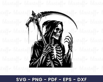 Grim Reaper Dripping Scythe SVG – Skeleton Hooded Skull Clipart for Gothic Halloween Cricut Projects and Horror Sublimation Art