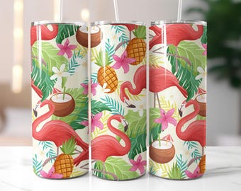 Flamingo Tumbler Wrap PNG – 20oz Skinny Tumbler Sublimation Design with Pineapples, Coconuts, Flowers & Tropical Beach Summer Vibes Tumbler