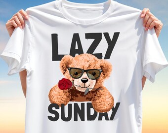 Lazy Sunday Bear PNG – Cute Teddy with Sunglasses and Rose Clipart, Cozy Weekend Sublimation Design for T-Shirts, Digital Download