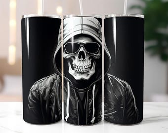 Dark Skull Tumbler Wrap PNG – 20oz Skinny Sublimation Design with Hoodie Skeleton, Sunglasses, Leather Jacket & Dark Streetwear Aesthetic