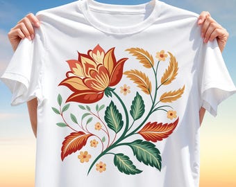Vintage Floral T-Shirt PNG – Elegant Red Yellow Flower T-Shirt Design for Sublimation, Traditional Botanical Clipart for Apparel & Decor