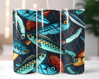 Fishing Tumbler Wrap PNG – 20oz Skinny Tumbler Sublimation Design with Colorful Fish, Hooks, and Outdoor Angler Style