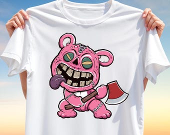 Pink Zombie Bear T-Shirt PNG – Crazy Horror Plush T-Shirt Design for Sublimation, Funny Halloween Clipart for Creepy Cute & Alt Apparel