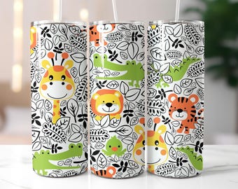 Cute Safari Animal Tumbler Wrap PNG – 20oz Skinny Sublimation Design with Giraffe, Lion, Crocodile, Tiger, Leaves & Jungle Vibes