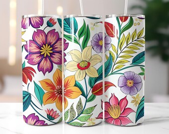 Elegant Floral Tumbler Wrap PNG – 20oz Skinny Sublimation Design with Hand-Drawn Flowers, Colorful Leaves & White Background Botanical Art