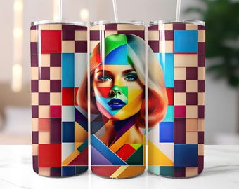 Geometric Woman Tumbler Wrap PNG – 20oz Skinny Sublimation Design with Abstract Colorful Face Art, Digital Instant Download