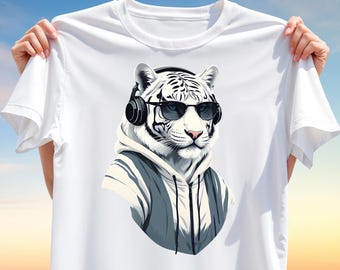 White Tiger Streetwear T-Shirt Design PNG – Bold Urban Animal with Hoodie, Headphones & Sunglasses, Sublimation Clipart Art