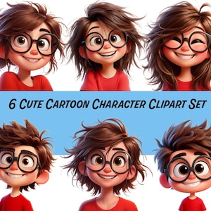 Ensemble de cliparts mignon personnage de dessin animé – 6 PNG avec des lunettes, cheveux en désordre | Téléchargement numérique PNG de haute qualité, arrière-plan transparent