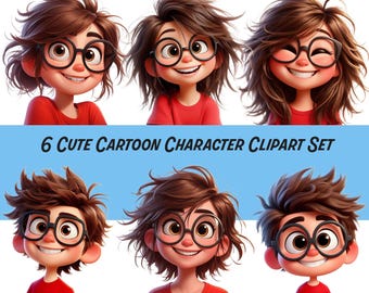 Cute Cartoon Character Clipart Set – 6 PNGs with Glasses, Messy Hair | High Quality, Transparent Background, Funny Kids PNG Digital Download
