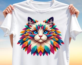 Colorful Cat T-Shirt Design PNG – Bright Leaf Fur Kitty Clipart for Sublimation, Artistic Rainbow Animal Face for Cat Lovers & Nature Fans