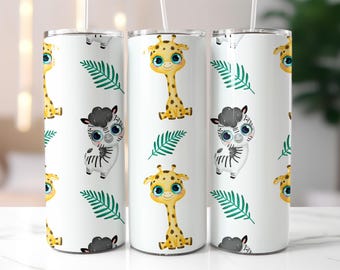 Cute Safari Animal Tumbler Wrap PNG – 20oz Skinny Sublimation Design with Baby Giraffe, Zebra, Jungle Leaves & Adorable Cartoon Style