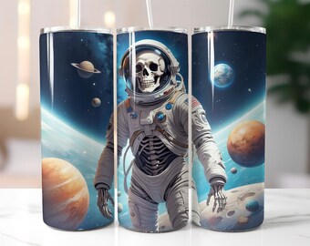 Skeleton Astronaut Tumbler Wrap PNG, Spooky Galaxy 20 oz Skinny Tumbler Sublimation, Skull Space Suit Cup Design