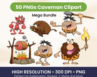 Paquete de imágenes prediseñadas de cavernícolas: personajes prehistóricos de dibujos animados PNG para pegatinas, manualidades y sublimación