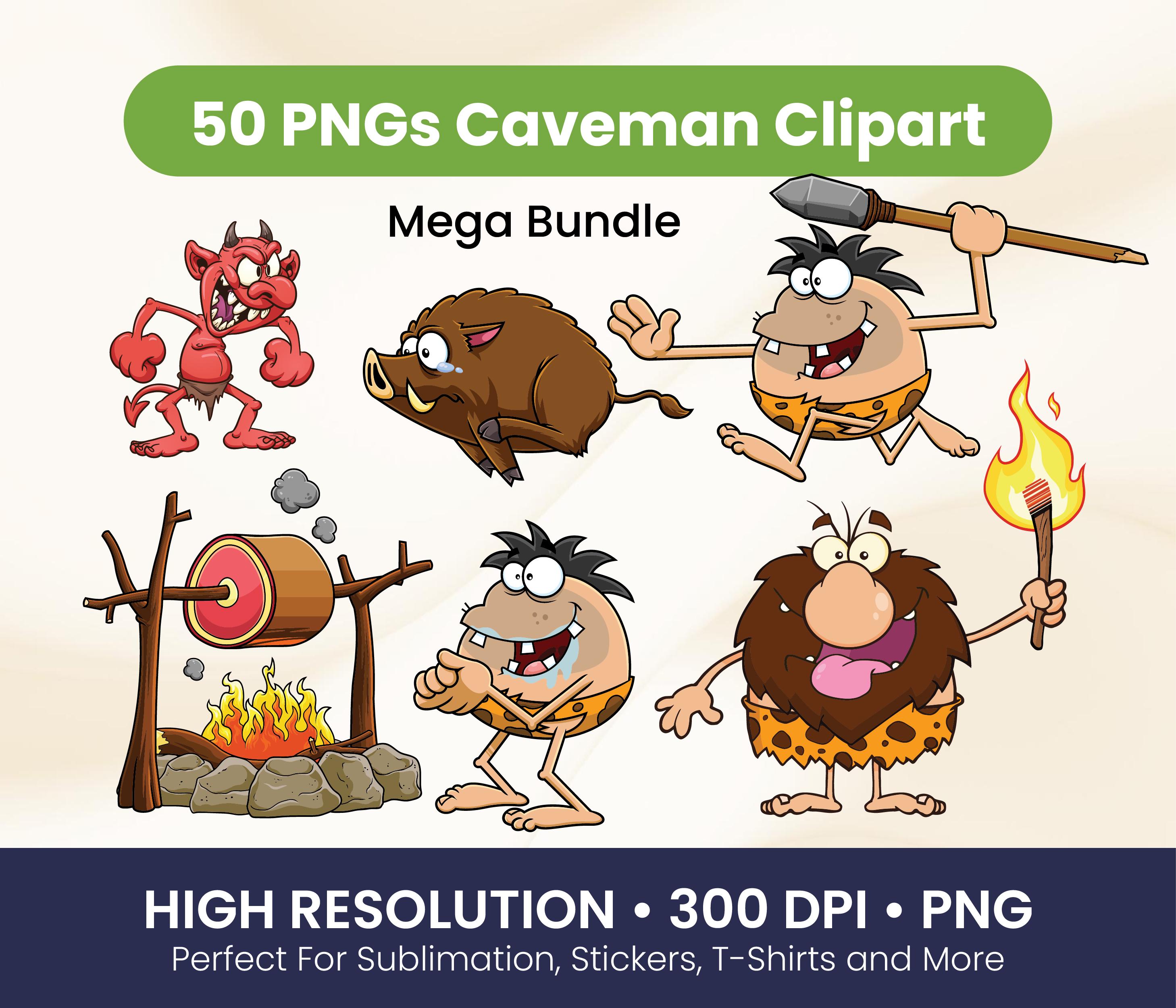 Funny Caveman Clipart Bundle: Prehistoric Cartoon Characters PNG