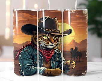 Cowboy Cat Tumbler Wrap PNG – 20oz Skinny Sublimation Design with Wild West Sunset Scene, Funny Western Kitty Digital Download