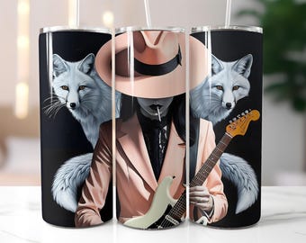 Fox Spirit Guitar Tumbler Wrap PNG, 20oz Skinny Sublimation Design, White Foxes Rock Music Fantasy Art, Mystical Digital Download
