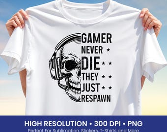 Funny Gamer Skull T-Shirt Design – Respawn Quote PNG for Sublimation, Headset Skull Clipart, Instant Download for Gamers