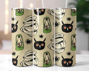 Halloween Tumbler Wrap PNG – Cute Mummy, Lantern, Spider & Owl Design for 20oz Skinny Sublimation, Spooky Fun Print Tumbler Wrap, Mummy PNG