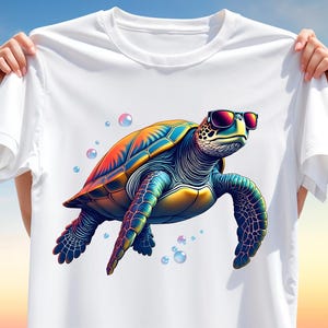 Cool Turtle Clipart PNG for Sublimation – Colorful Sea Turtle with Sunglasses Design for T-Shirt Print & Summer Vibes Sea Turtle
