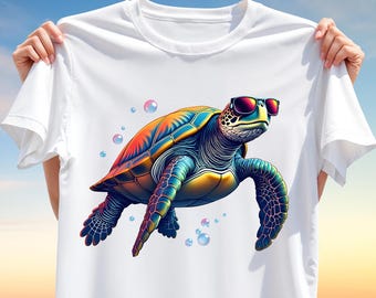 Cool Turtle Clipart PNG for Sublimation – Colorful Sea Turtle with Sunglasses Design for T-Shirt Print & Summer Vibes Sea Turtle