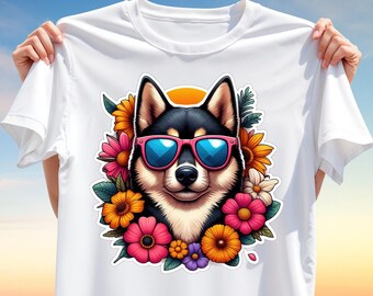 Summer Dog T-Shirt Design PNG – Cute Sunglasses Dog Surrounded by Colorful Flowers Clipart for Sublimation, Pet Lover Sunshine Apparel