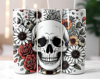 Floral Skull Tumbler Wrap PNG – 20oz Skinny Sublimation Design with Daisies, Roses & Vintage Tattoo Style, Digital Download Gothic Wrap