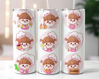 Cute Chef Girl Tumbler Wrap PNG – Kawaii Bakery Character 20oz Skinny Sublimation Design for Kids & Baking Lovers