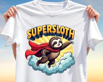 Supersloth T-Shirt Design PNG - Funny Superhero Sloth PNG - Cute Animal Clipart for Sublimation Prints - Kids Shirts, Mugs, Gifts and more