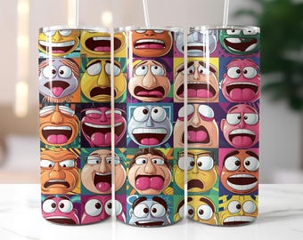 Crazy Cartoon Faces Tumbler Wrap PNG – 20oz Skinny Sublimation Design with Funny Expressions, Comic Style & Pop Art Colors – Digital File