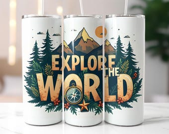 Explore the World Tumbler Wrap PNG – 20oz Skinny Tumbler Wrap with Mountains, Forest, Compass and Adventure Theme – Sublimation Wrap File