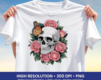 T-shirt tête de mort avec roses PNG - Motif de sublimation de tête de mort papillon, art gothique floral squelette pour chemise, tasse, cadeau et plus