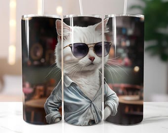 Cool Cat Tumbler Wrap PNG – 20oz Skinny Sublimation Design with Stylish White Cat in Sunglasses, Funny Animal Digital Art