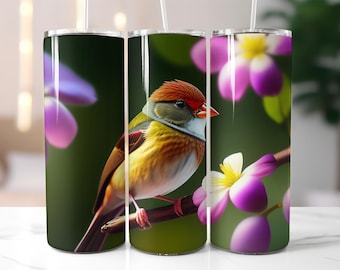 Colorful Bird Tumbler Wrap PNG, 20 oz Floral Sublimation Design, Songbird and Purple Flowers Skinny Tumbler Wrap
