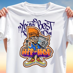 Hip-Hop T-Shirt Design – Urban Rapper Character PNG for Sublimation, Street Graffiti Style Clipart, Boombox Cartoon Art
