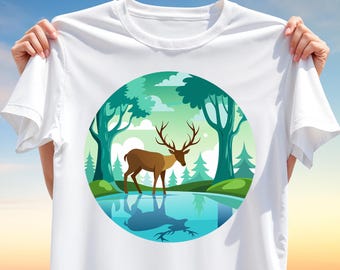 Deer Forest T-Shirt PNG – Nature Wildlife T-Shirt Design for Sublimation, Peaceful Landscape Clipart for DIY Crafts, Hunting & Outdoor Gifts
