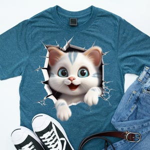 3D Cute Cat T-Shirt Design PNG – Adorable Kitten Breaking Wall, Funny Cartoon Animal Sublimation for Tees & Sweatshirts, Instant Download