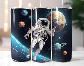 Waving Skeleton Astronaut Tumbler Wrap PNG, Spooky Space 20 oz Skinny Tumbler Sublimation, Cosmic Skull Suit Design