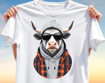 Cool Bull T-Shirt Design PNG – Urban Streetwear Cow with Hoodie, Flannel & Sunglasses, Funny Farm Animal Sublimation Clipart