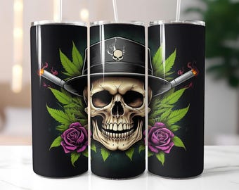 Smoking Skull Tumbler Wrap PNG – 20oz Skinny Sublimation Design with Hat, Cannabis Leaves & Purple Roses, 420 Art Style