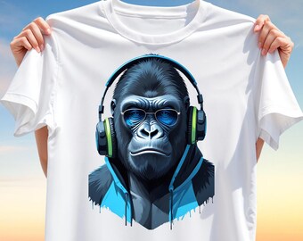 Urban Gorilla T-Shirt Design PNG – Cool Streetwear Ape with Headphones & Hoodie, Bold Animal Sublimation Clipart for Apparel