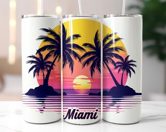 Miami Sunset Tumbler Wrap PNG – 20oz Skinny Tumbler Wrap with Retro Palm Trees, Island, Ocean and Neon Sunset – Sublimation Tumbler Wrap