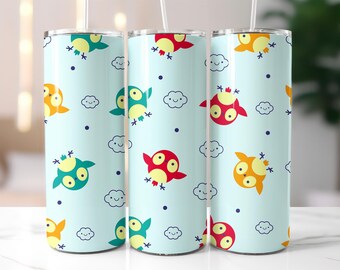 Cute Owl Tumbler Wrap PNG – 20oz Sublimation Design with Colorful Birds, Clouds, Cartoon Pattern, Whimsical Animal Clipart