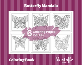 Butterfly Mandala Coloring Pages PDF – 6 Printable Zentangle Butterfly Designs | Adult Coloring Book | Relaxing Art | Instant Download