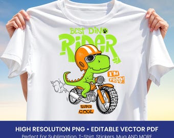 Best Dino Rider T-Shirt Design – Cute Dinosaur on Motorcycle with Helmet PNG & Editable Vector PDF for Kids Sublimation and Digital Download