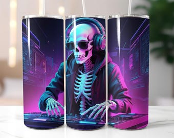 Neon DJ Skeleton Tumbler Wrap PNG – 20oz Skinny Sublimation Design with Headphones, Cyberpunk Nightclub Style