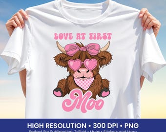 Love At First Moo Png, Cute Cow Png, Valentine Cow Png, Pink Cow Png, Cute Animal Png, Funny Love Png, T Shirt Design, Sublimation, DTF