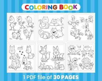 Animal Coloring Pages for Kids – 30 Page PDF Relaxing Book – Fun Printable Activity Book for Children – Instant Download Coloring Book PDF