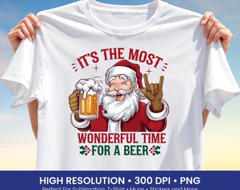 Beer Party T-Shirt Design PNG – Funny Santa Drinking Beer Sublimation Design for Christmas Holiday Mugs, Hoodies, Party Décor, and Gifts