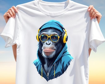 Cool Chimpanzee T-Shirt Design PNG – Urban Streetwear Monkey with Hoodie, Headphones & Glasses, Funny Sublimation Animal Clipart